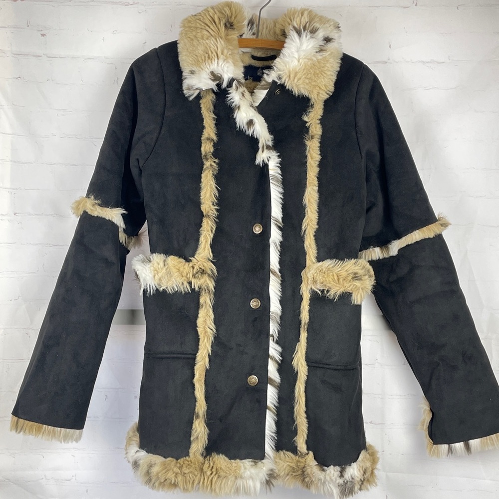 London Fog Black and Tan Coat with Faux Fur Trim